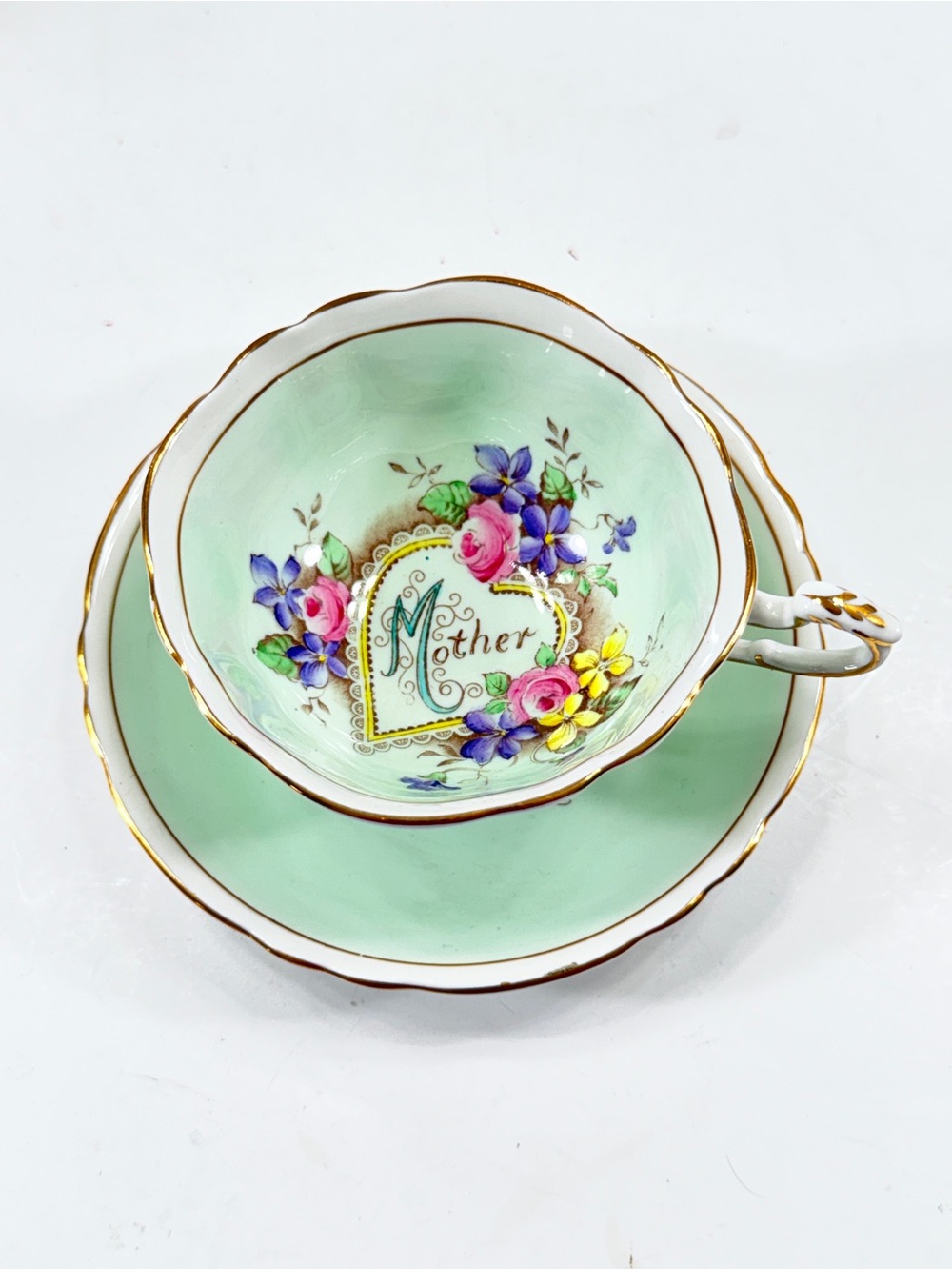 RARE Vintage PARAGON Bone China Teacup Cup & Saucer Double Warrant Mother Green